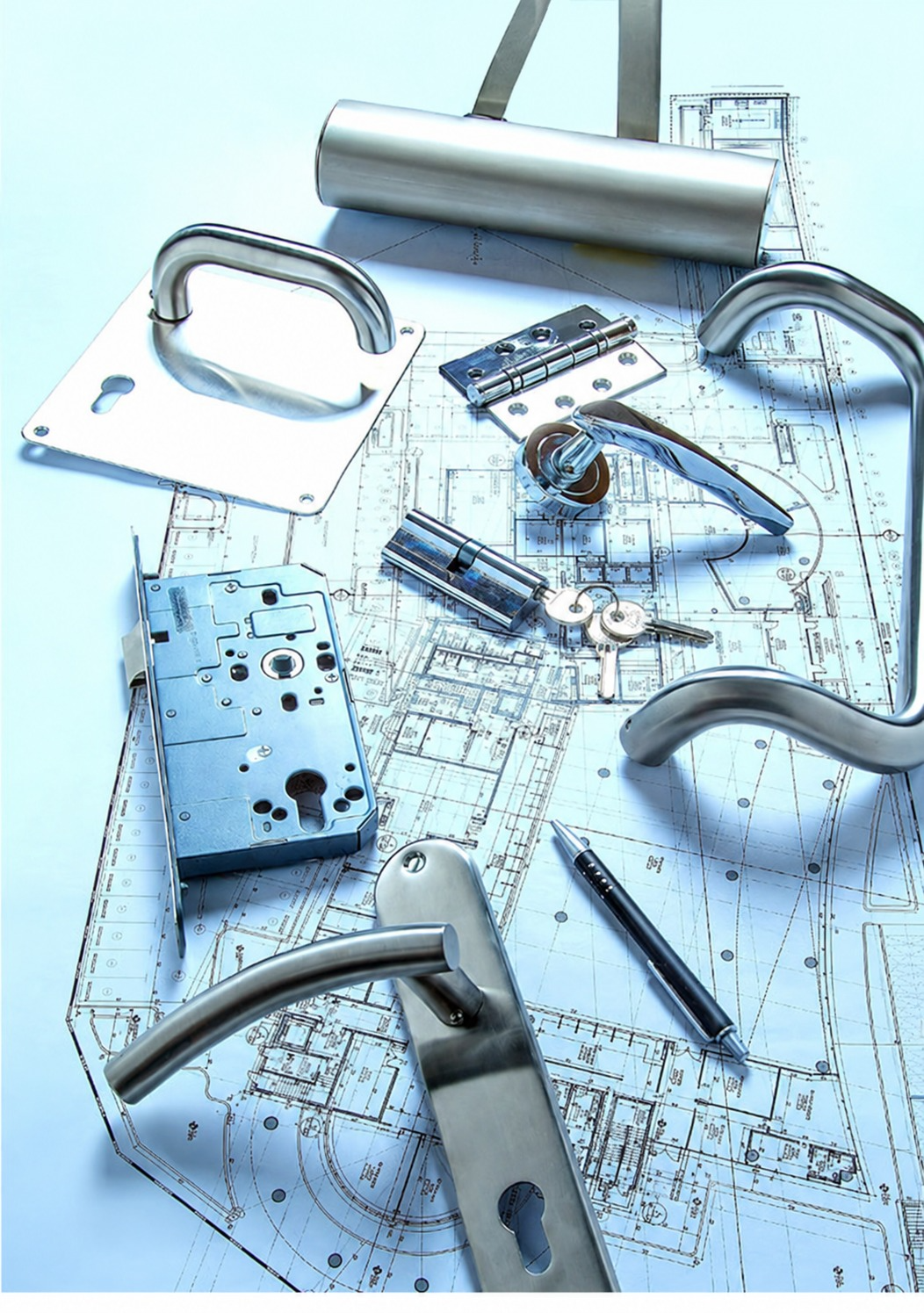 AL MARBED collection of door handles, locks, hinges and architectural hardware on building plans